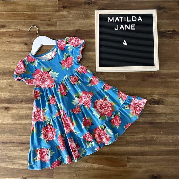 Matilda Jane Camp MJC Blossom Pie Blue Pink Knit Short Sleeve Tiered Dress 4 - Picture 1 of 7